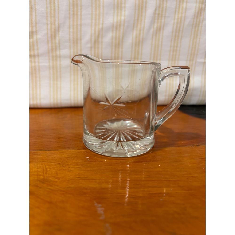 Vintage Etched Glass Mini Creamer Pitcher Starburst Sunburst Pattern Clear Glass
